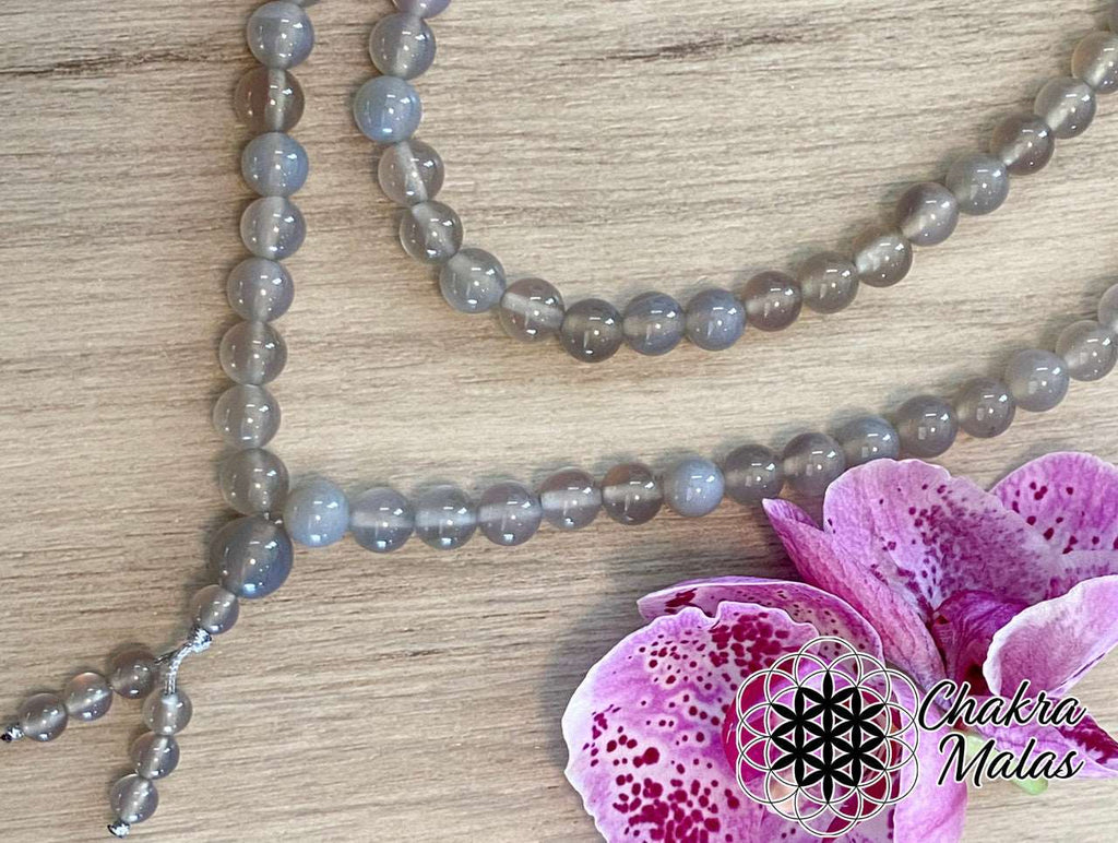 Chakra Malas Gray Agate 108 Bead Mala Necklace